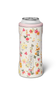 A slim can cooler sleeve with a pink top rim and a white background covered in a colorful floral print, holding a silver can. The vertical brand name 'BRIMAP' is printed on the front.
