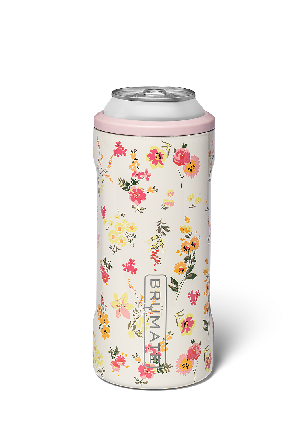 A slim can cooler sleeve with a pink top rim and a white background covered in a colorful floral print, holding a silver can. The vertical brand name 'BRIMAP' is printed on the front.
