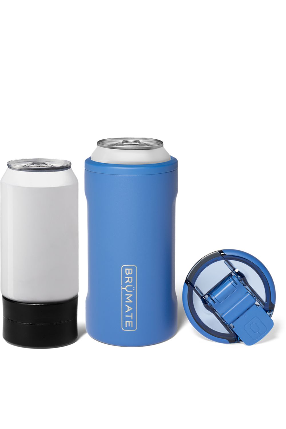 A blue insulated can cooler sleeve shown with a can inside and its matching blue lid placed beside it on a clean white background. The sleeve has a vertical 'BRUMATE' logo printed on the front.