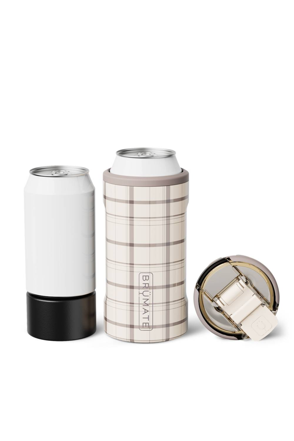 Two insulated can coolers on a white background, one plain white with a black base and one cream plaid with taupe trim and a visible BRÛMATE logo.