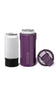 drinkware koozie in purple on a white background with lid and display can on either side