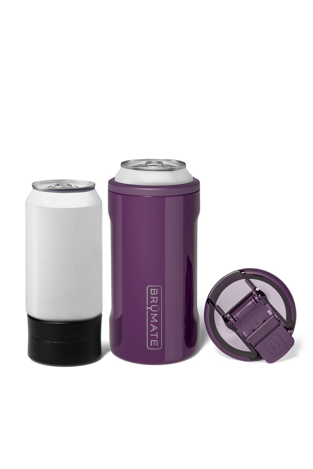 drinkware koozie in purple on a white background with lid and display can on either side