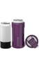 A purple insulated can cooler shown with a white can inserted, alongside a white can with a black base and a detached purple lid on a clean white background. The brand name BRUMATE is printed vertically on the cooler.