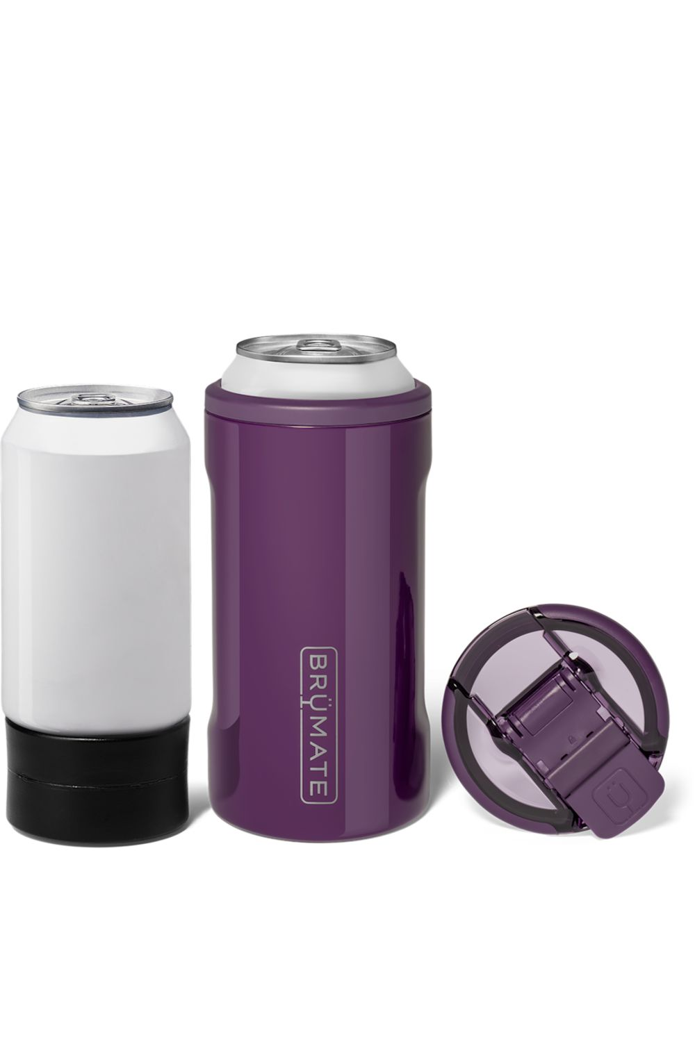 A purple insulated can cooler shown with a white can inserted, alongside a white can with a black base and a detached purple lid on a clean white background. The brand name BRUMATE is printed vertically on the cooler.