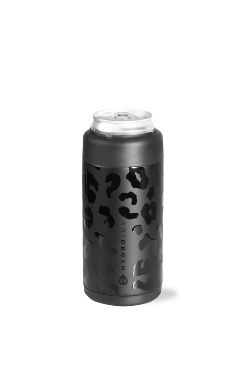 A black Hydrojog can cooler sleeve with a dark gray leopard print pattern, shown on a white background.