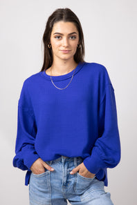 Blu Pepper Crewneck Ribbed Knit Shirt for Women in Cobalt