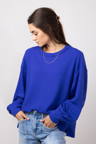 Blu Pepper Crewneck Ribbed Knit Shirt for Women in Cobalt