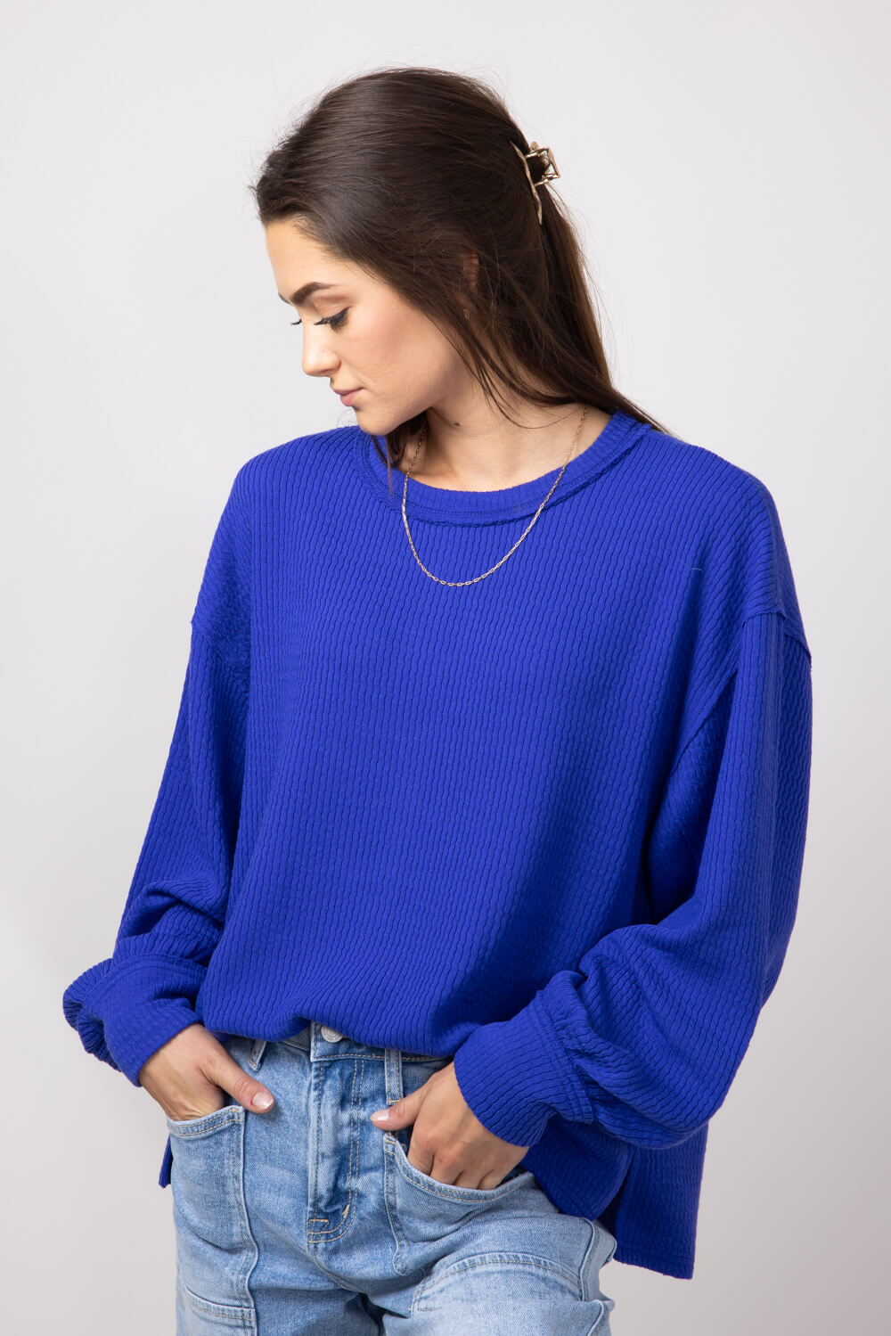 Blu Pepper Crewneck Ribbed Knit Shirt for Women in Cobalt