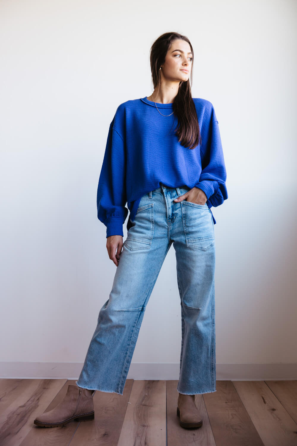 Blu Pepper Crewneck Ribbed Knit Shirt for Women in Cobalt