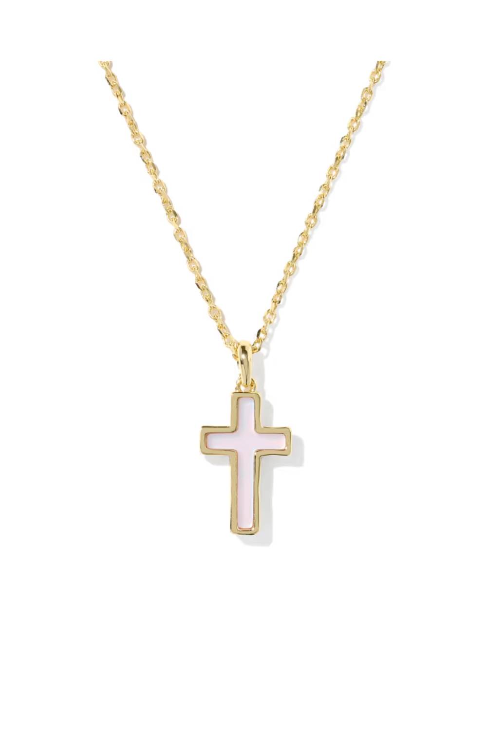 Kendra Scott Cross Gold Pendant Necklace in Matte Blush Pink Dichroic Glass | 9608895462