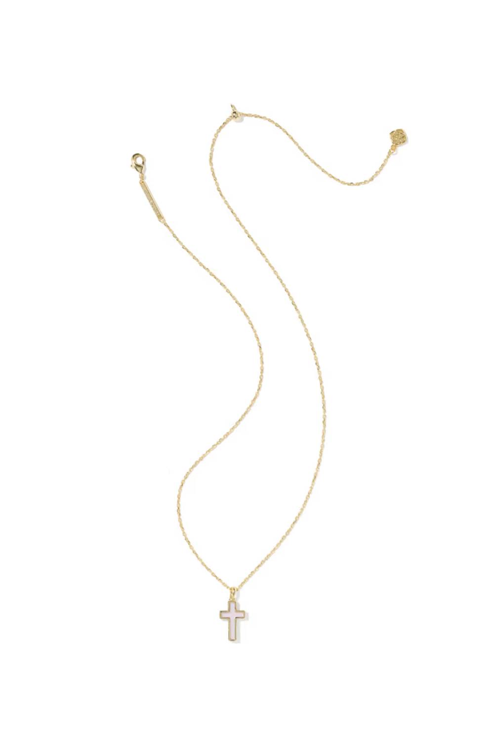 Kendra Scott Cross Gold Pendant Necklace in Matte Blush Pink Dichroic Glass | 9608895462