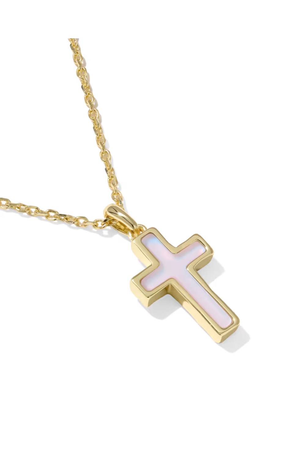 Kendra Scott Cross Gold Pendant Necklace in Matte Blush Pink Dichroic Glass | 9608895462