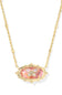 A gold chain necklace featuring an oval pendant with a pink iridescent mother-of-pearl inlay and a central gold flower motif with small clear stones, shown on a white background.