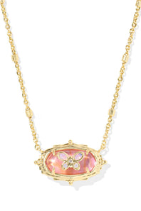 A gold chain necklace featuring an oval pendant with a pink iridescent mother-of-pearl inlay and a central gold flower motif with small clear stones, shown on a white background.
