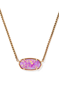 A gold chain necklace featuring a horizontal bezel-set oval pendant with a pink and purple iridescent opal-like stone, shown against a plain white background.