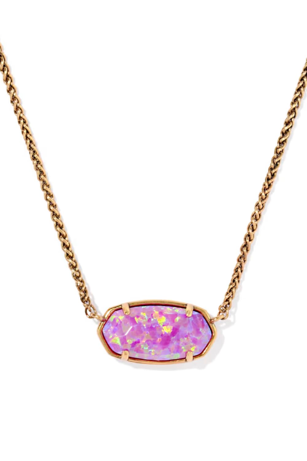 A gold chain necklace featuring a horizontal bezel-set oval pendant with a pink and purple iridescent opal-like stone, shown against a plain white background.