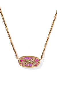 A gold chain necklace with an oval pendant featuring a pink iridescent inlay and the name 'Dolly' in gold cursive script, shown on a white background.