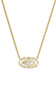 A gold chain necklace with a geometric, faceted pendant featuring iridescent mother-of-pearl inlays, shown on a plain white background.