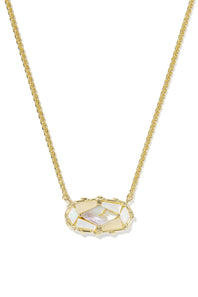 A gold chain necklace with a geometric, faceted pendant featuring iridescent mother-of-pearl inlays, shown on a plain white background.