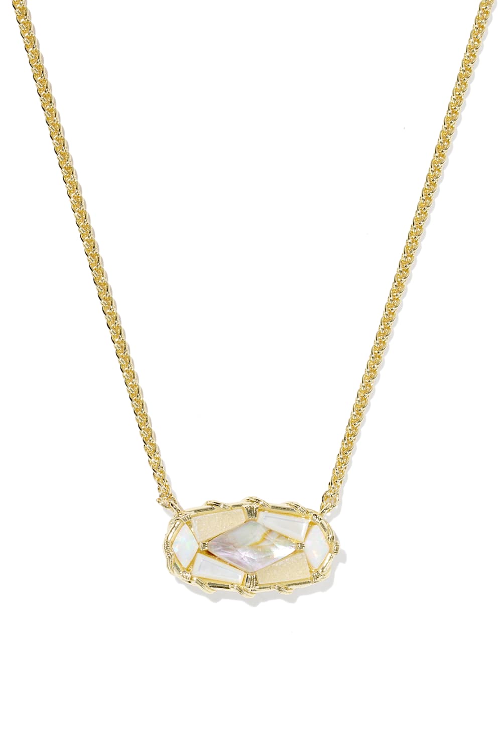 A gold chain necklace with a geometric, faceted pendant featuring iridescent mother-of-pearl inlays, shown on a plain white background.
