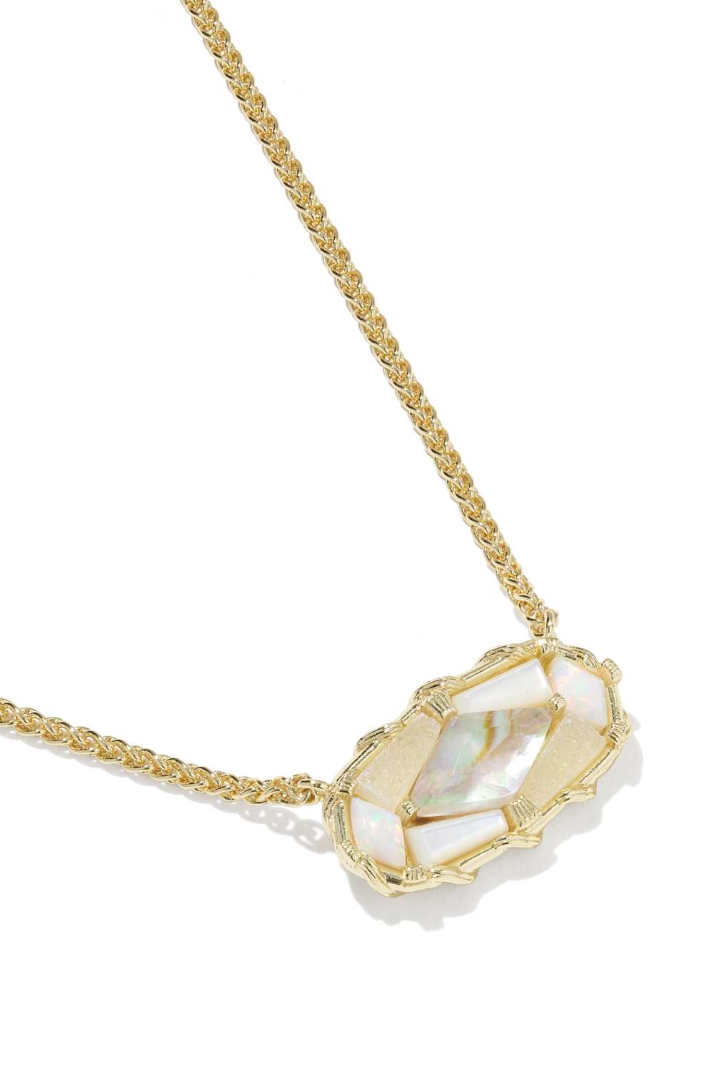 A gold chain necklace with a large, irregular-shaped pendant featuring iridescent mother-of-pearl inlay and a gold bezel setting, shown on a clean white background.