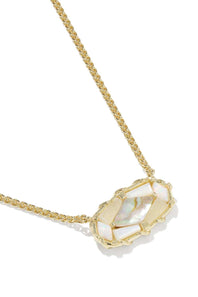 A gold chain necklace with a large, irregular-shaped pendant featuring iridescent mother-of-pearl inlay and a gold bezel setting, shown on a clean white background.