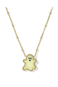 A gold chain necklace featuring a cute ghost-shaped pendant with a pale yellow-green enamel body, a gold beaded border, and small black eyes.