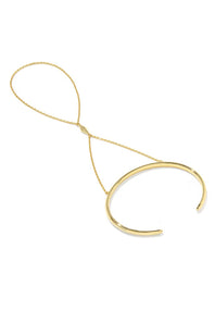 A gold-toned minimalist necklace featuring a thick open circular cuff connected to a delicate chain loop, shown on a plain white background.