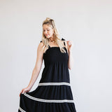 Lace Trim Tiered Smocked Bodice Maxi Dress for Women in Black
