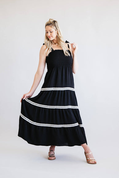 Lace Trim Tiered Smocked Bodice Maxi Dress for Women in Black