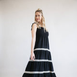 Lace Trim Tiered Smocked Bodice Maxi Dress for Women in Black