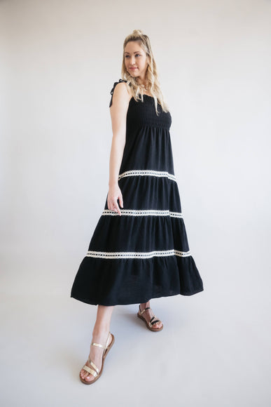 Lace Trim Tiered Smocked Bodice Maxi Dress for Women in Black