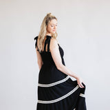 Lace Trim Tiered Smocked Bodice Maxi Dress for Women in Black
