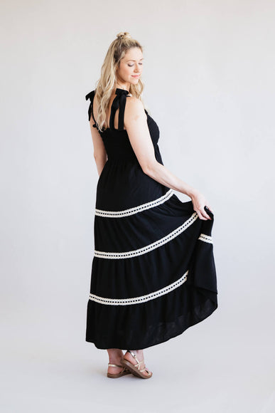 Lace Trim Tiered Smocked Bodice Maxi Dress for Women in Black
