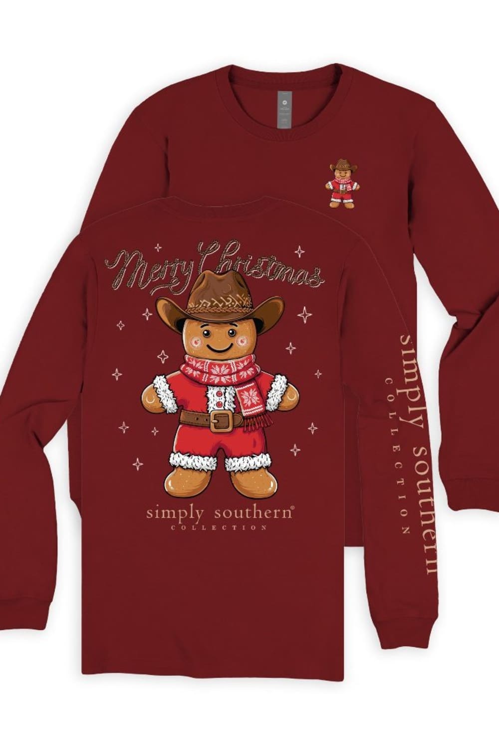 A long-sleeve crewneck shirt in dark red, featuring a Christmas-themed graphic of a teddy bear wearing a cowboy hat and Santa-style outfit with 'Merry Christmas' text, plus 'simply southern' branding on the sleeve and chest.