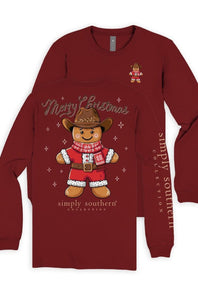 A long-sleeve crewneck shirt in dark red, featuring a Christmas-themed graphic of a teddy bear wearing a cowboy hat and Santa-style outfit with 'Merry Christmas' text, plus 'simply southern' branding on the sleeve and chest.