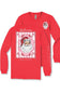 A red long-sleeve crewneck t-shirt with a festive Christmas graphic. The front features a large rectangular print of Santa Claus inside a pink and white patterned border, with the word 'Relieve' above and 'simply southern' below.
