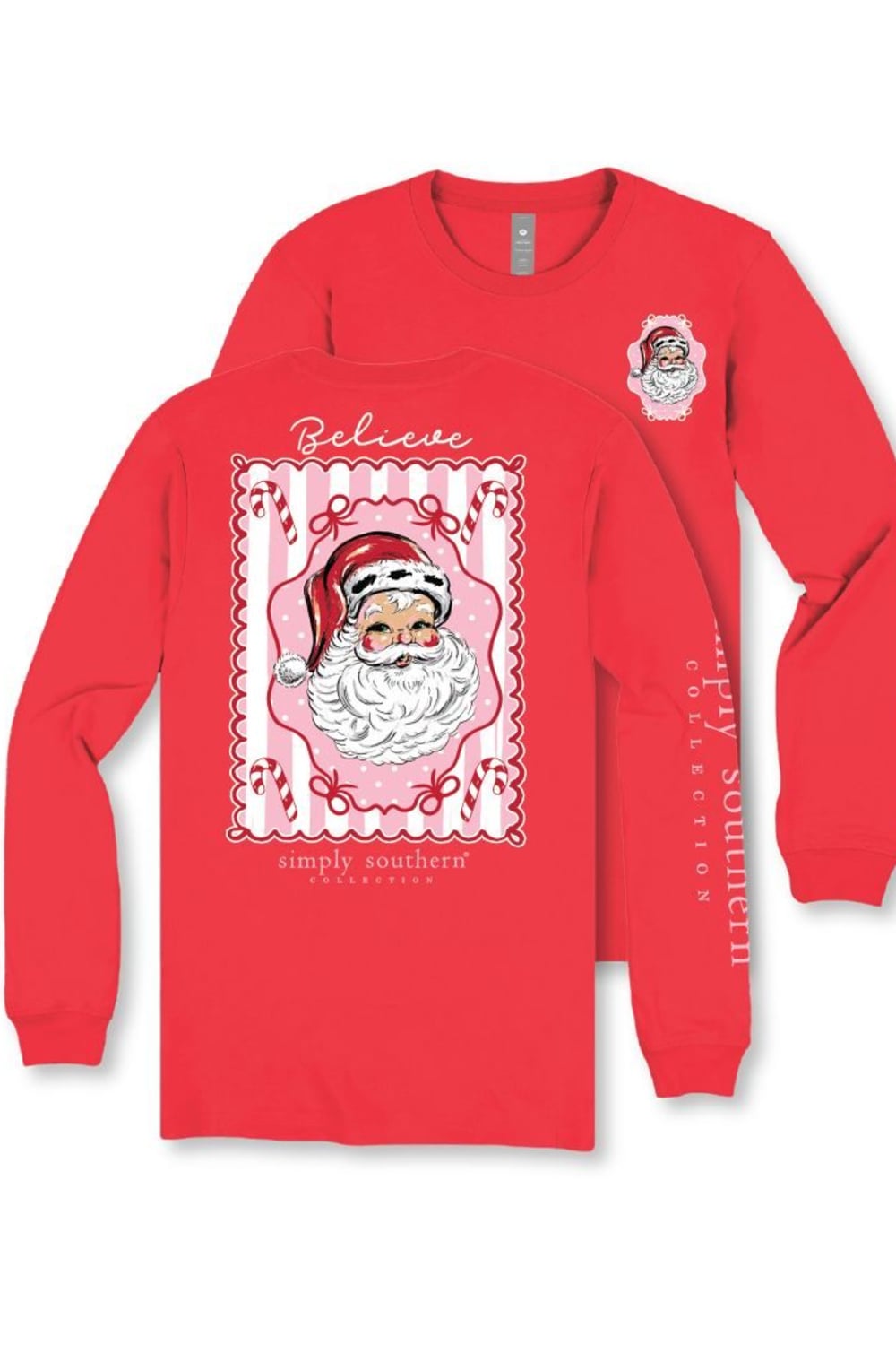 A red long-sleeve crewneck t-shirt with a festive Christmas graphic. The front features a large rectangular print of Santa Claus inside a pink and white patterned border, with the word 'Relieve' above and 'simply southern' below.