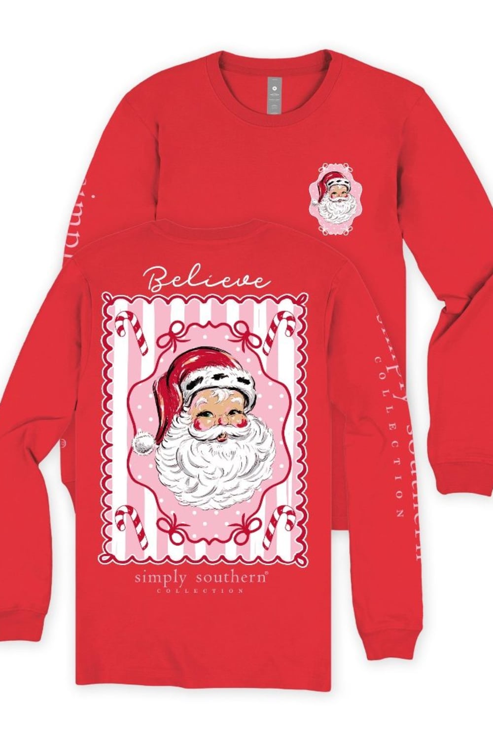 A red long-sleeve t-shirt with a large Christmas-themed graphic on the front, featuring a vintage Santa illustration inside a pink decorative frame with the text 'Believe' and 'simply southern' underneath. A smaller Santa graphic is printed on the left chest, and 'BELIEVE' is written down the right sleeve.