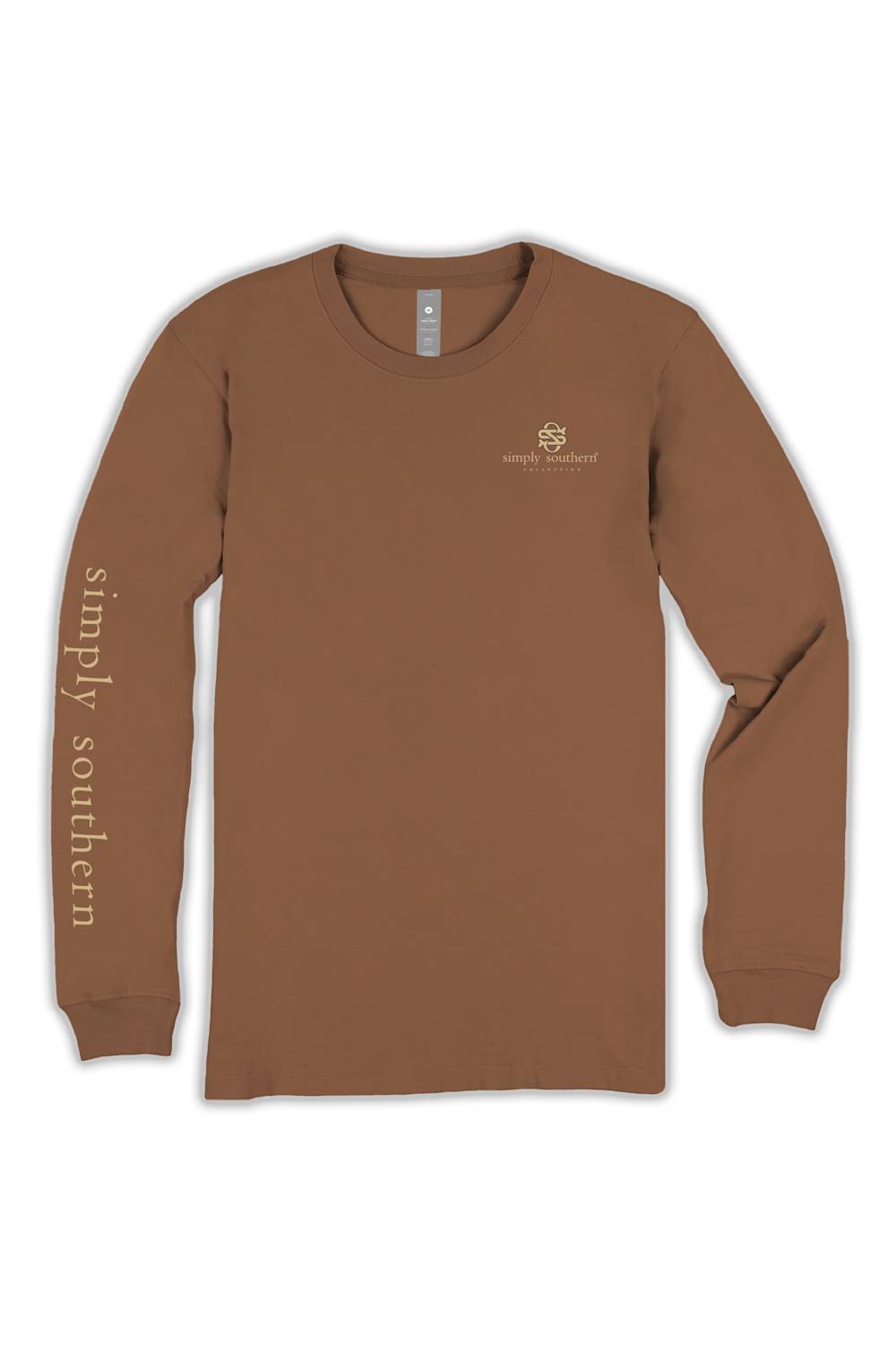 A brown long-sleeve t-shirt with 'simply southern' printed vertically in gold on the left sleeve and a small gold logo on the left chest, displayed on a clean white background.