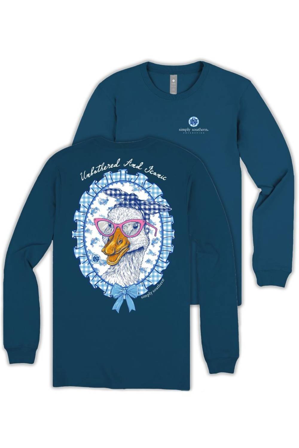 A navy blue long-sleeve t-shirt shown from both front and back. The front features a small white circular logo on the left chest, and the back displays a large graphic of a goose wearing pink glasses and a blue-and-white checkered bow, with the text 'Unbothered and Iconic' arched above it.