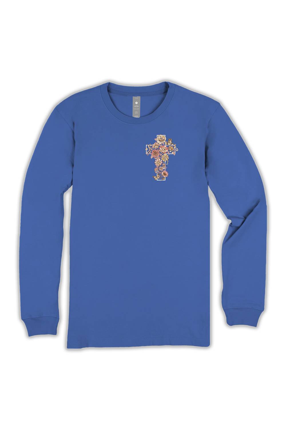 A royal blue long-sleeve crewneck t-shirt with a small, colorful mosaic-style cross graphic printed on the center chest, displayed against a plain white background.