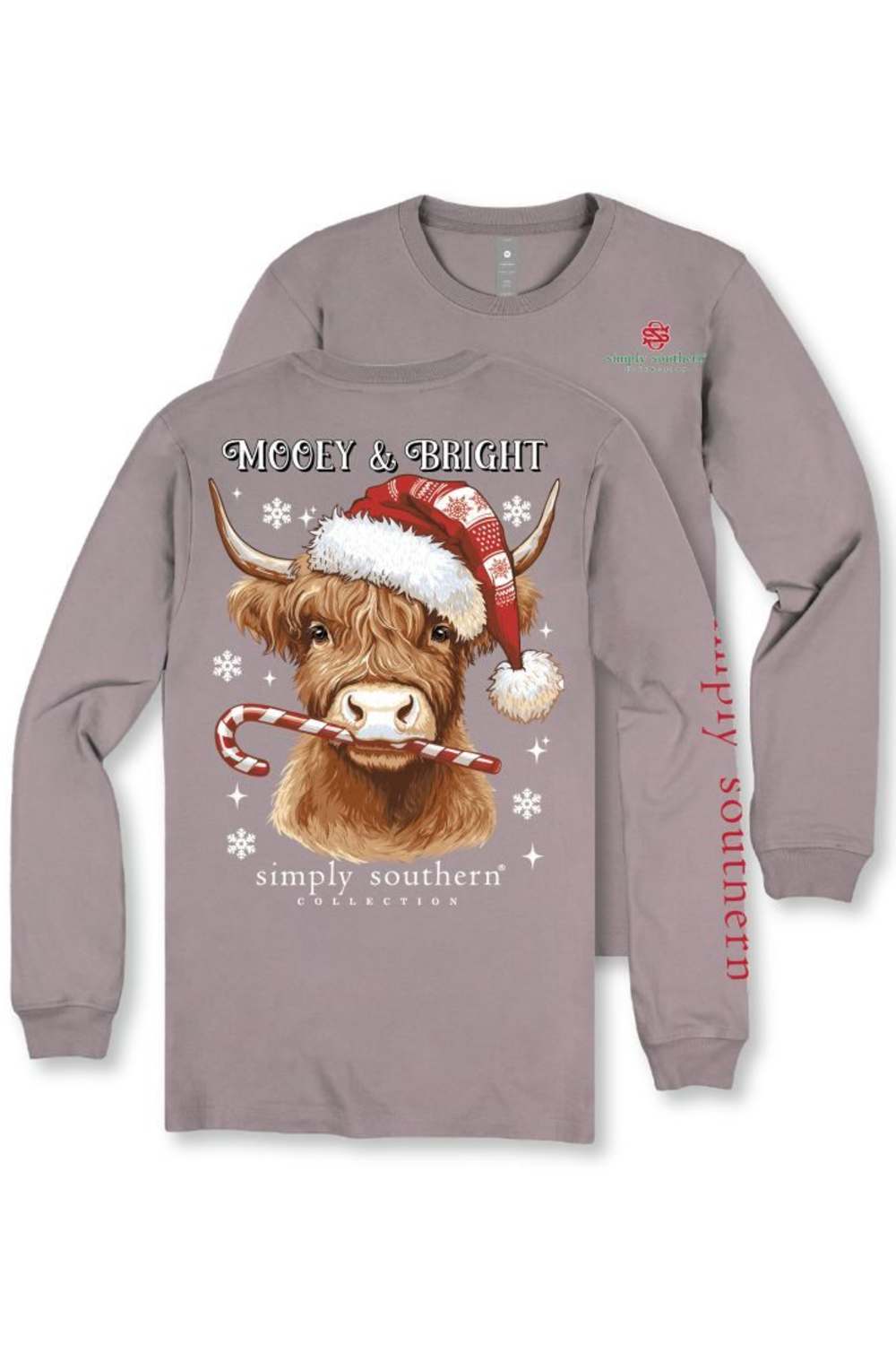 A long-sleeve crewneck t-shirt in a muted mauve-gray color, featuring a festive graphic of a Highland cow wearing a Santa hat and candy cane, with 'MOOEY & BRIGHT' and 'simply southern' text. A second view of the shirt is shown behind it to display the red vertical 'simply southern' branding on the sleeve.