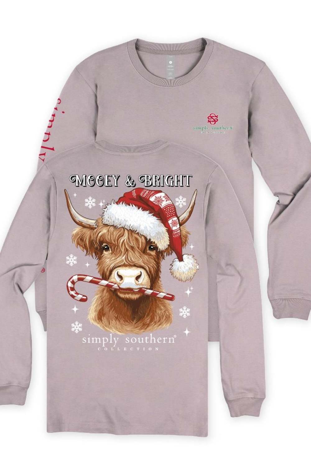 A light dusty purple long-sleeve crewneck shirt featuring a festive graphic of a Highland cow wearing a Santa hat and holding a candy cane, with the text 'MIGGY & BRIGHT' and 'simply southern' printed on the front.