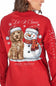 A woman wearing a red long-sleeve shirt, shown from the back. The shirt features a large graphic print of a golden dog and a snowman wearing Santa hats, with the text 'Lit It Snow' and 'simply southern collection' printed on the back.