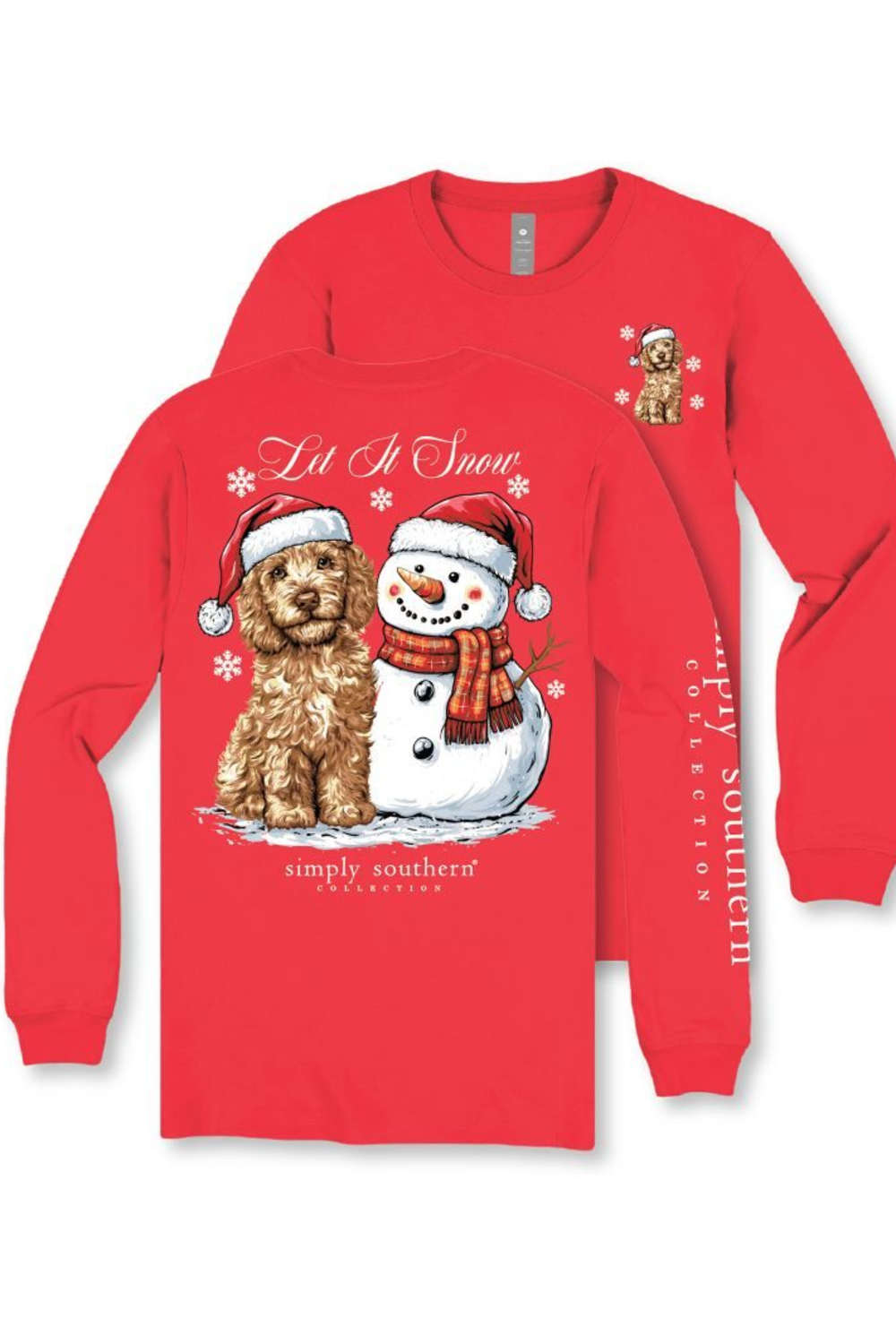 A red long-sleeve crewneck shirt shown from both front and back. The front features a graphic of a brown dog wearing a Santa hat next to a snowman wearing a Santa hat and scarf, with the text 'Let It Snow' and 'simply southern collection'.