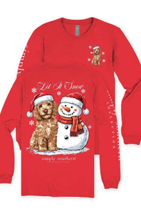 A red long-sleeve crewneck t-shirt shown from both front and back. The front features a graphic of a brown dog and a snowman wearing Santa hats and scarves, with the text 'Let It Snow' and 'simply southern' below.