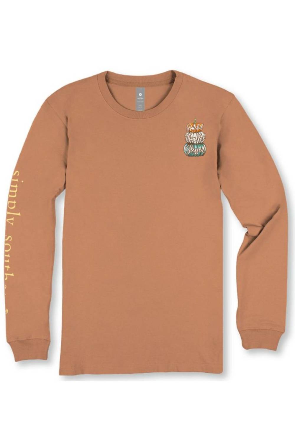 A long-sleeve crewneck t-shirt in a warm terracotta or rust color, featuring a small multicolor graphic on the left chest and 'simply so.
