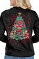 A woman wearing a black long-sleeve shirt, viewed from the back. The shirt features a large graphic of a Christmas tree decorated with red and pink bows, green pine needles, a gold star, and red scrollwork, with the text 'simply southern' 