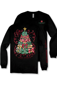 A black long-sleeve t-shirt with a Christmas tree graphic on the front, featuring red bows, green pine needles, and a gold star. The brand name 'simply southern' is printed in red on the sleeve and below the graphic.
